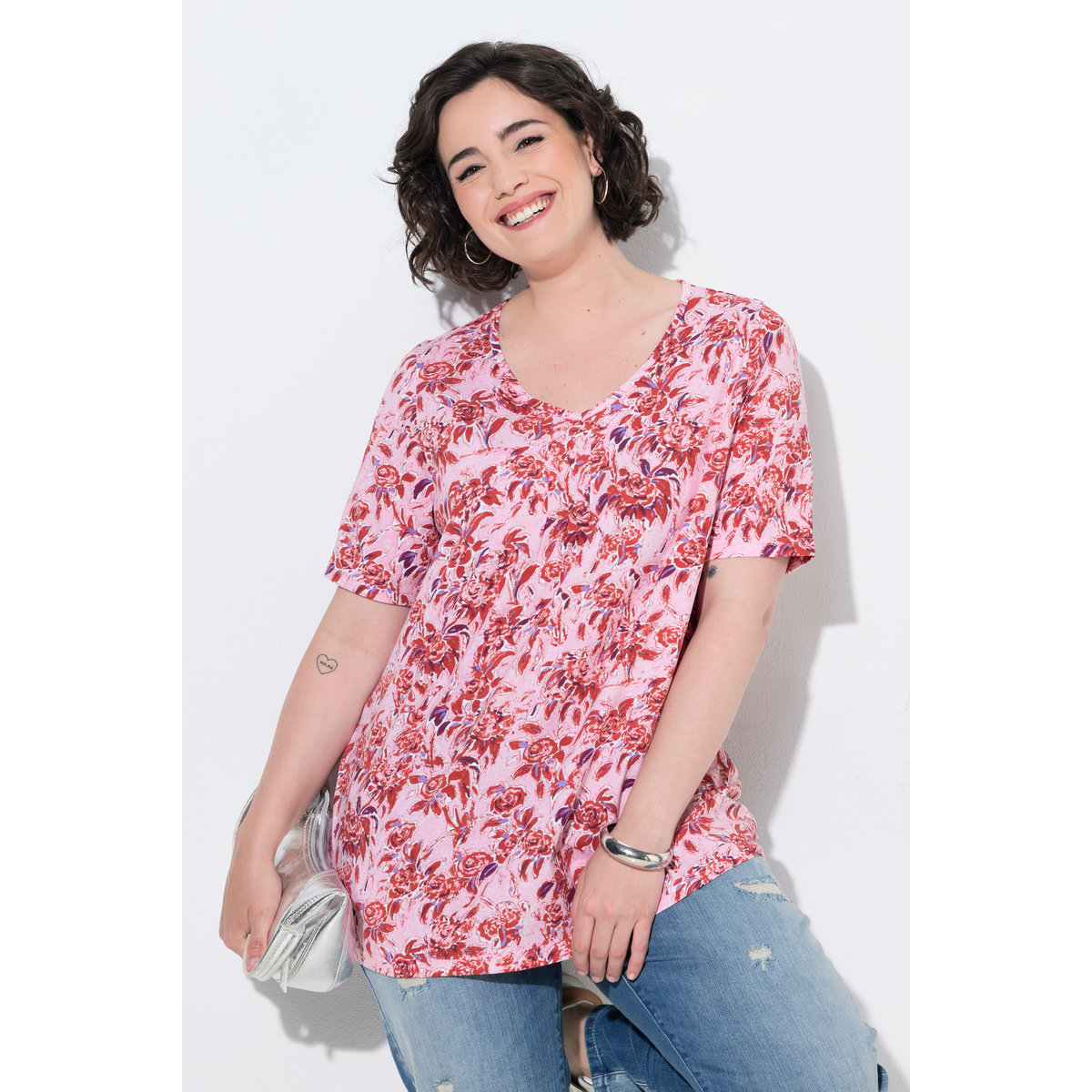 T-shirt motif floral, coupe évasée rose tendre, ULLA POPKEN