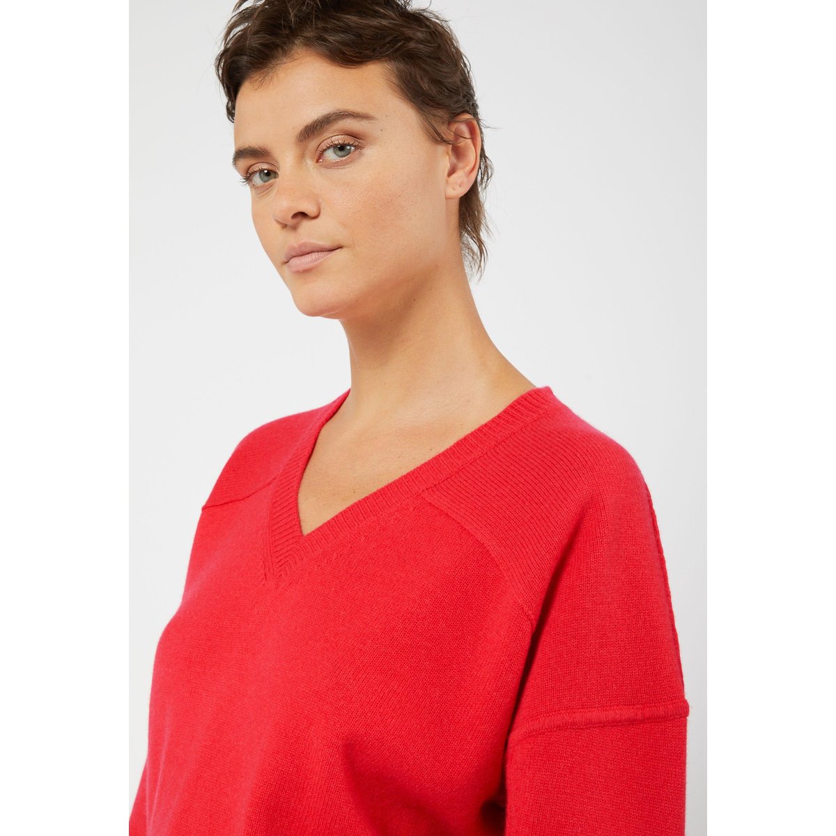 Pull col V oversize en cachemire 4 fils orange corail, RODIER