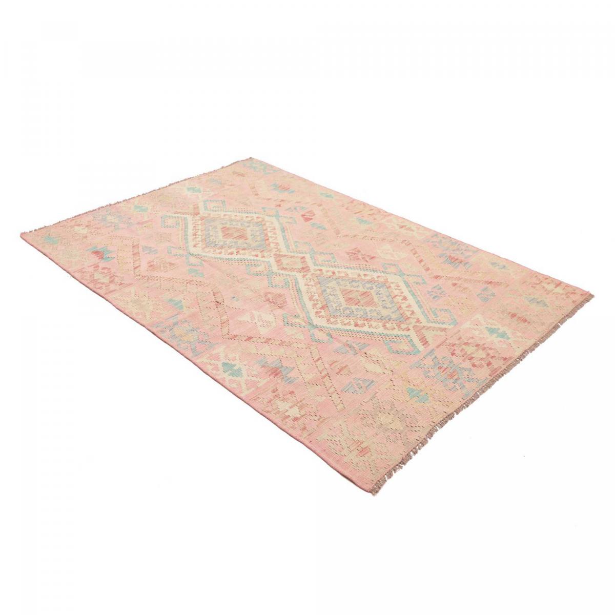 Tapis kilim géométrique, tissé plat authentique, KILIM 56 rose, bleu, crème, UN AMOUR DE TAPIS