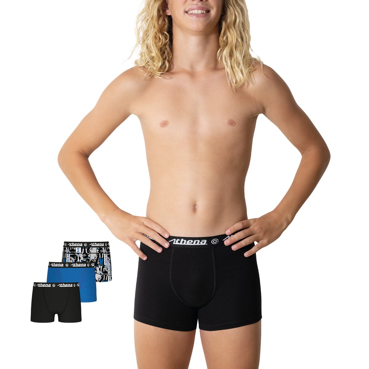 Lot de 3 boxers noir-bleu imprimé, ATHENA