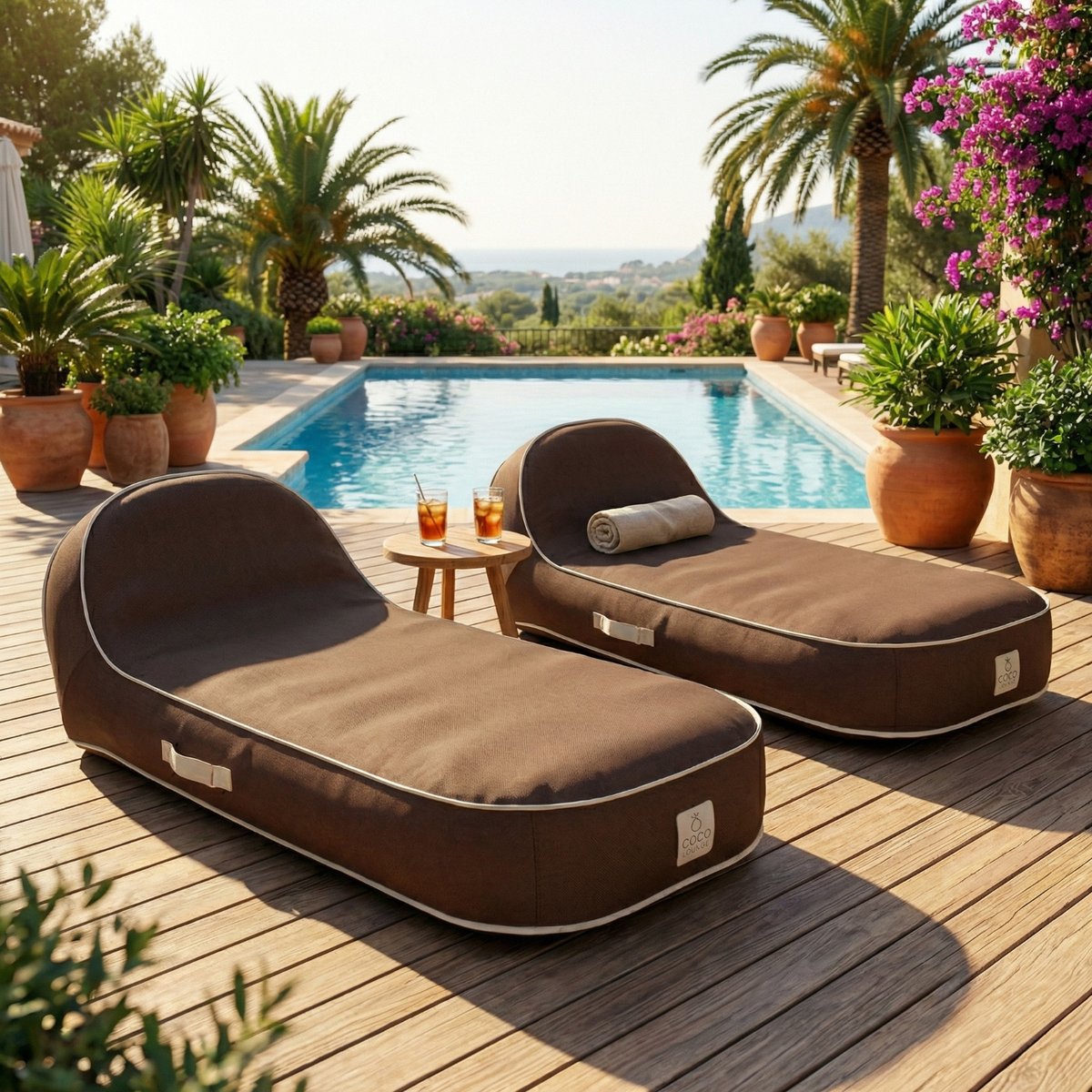 Transat gonflable palma en olefin couleur vert d'eau 170x85x27 cm chocolat, COCO LOUNGE