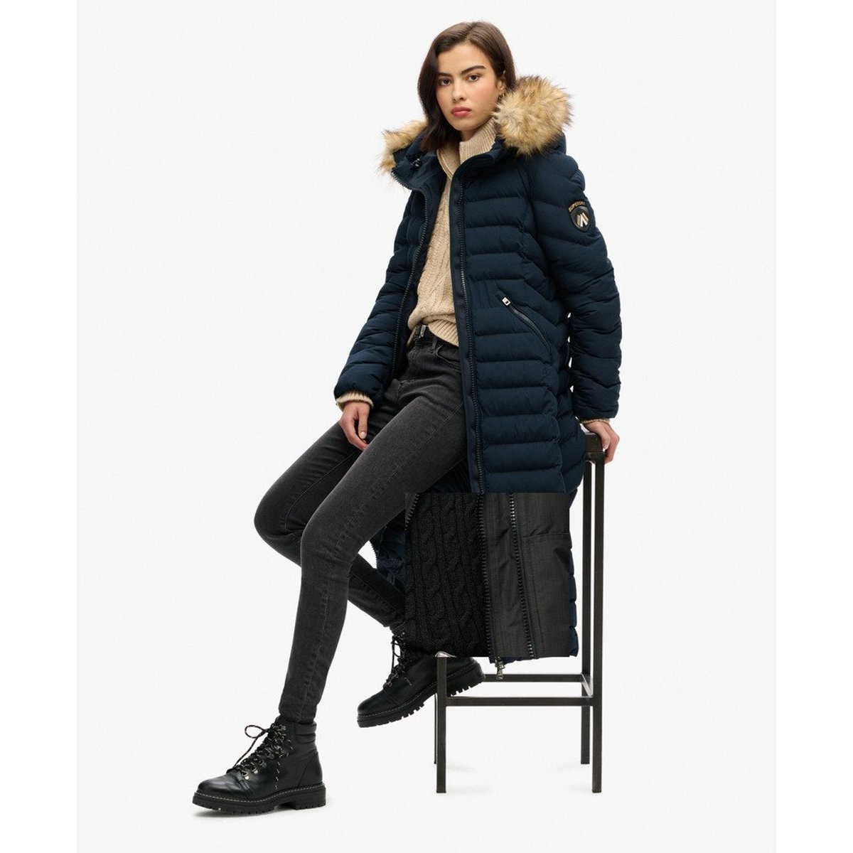 Veste longue à capuche en imitation fourrure Fuji bleu marine éclipse, SUPERDRY