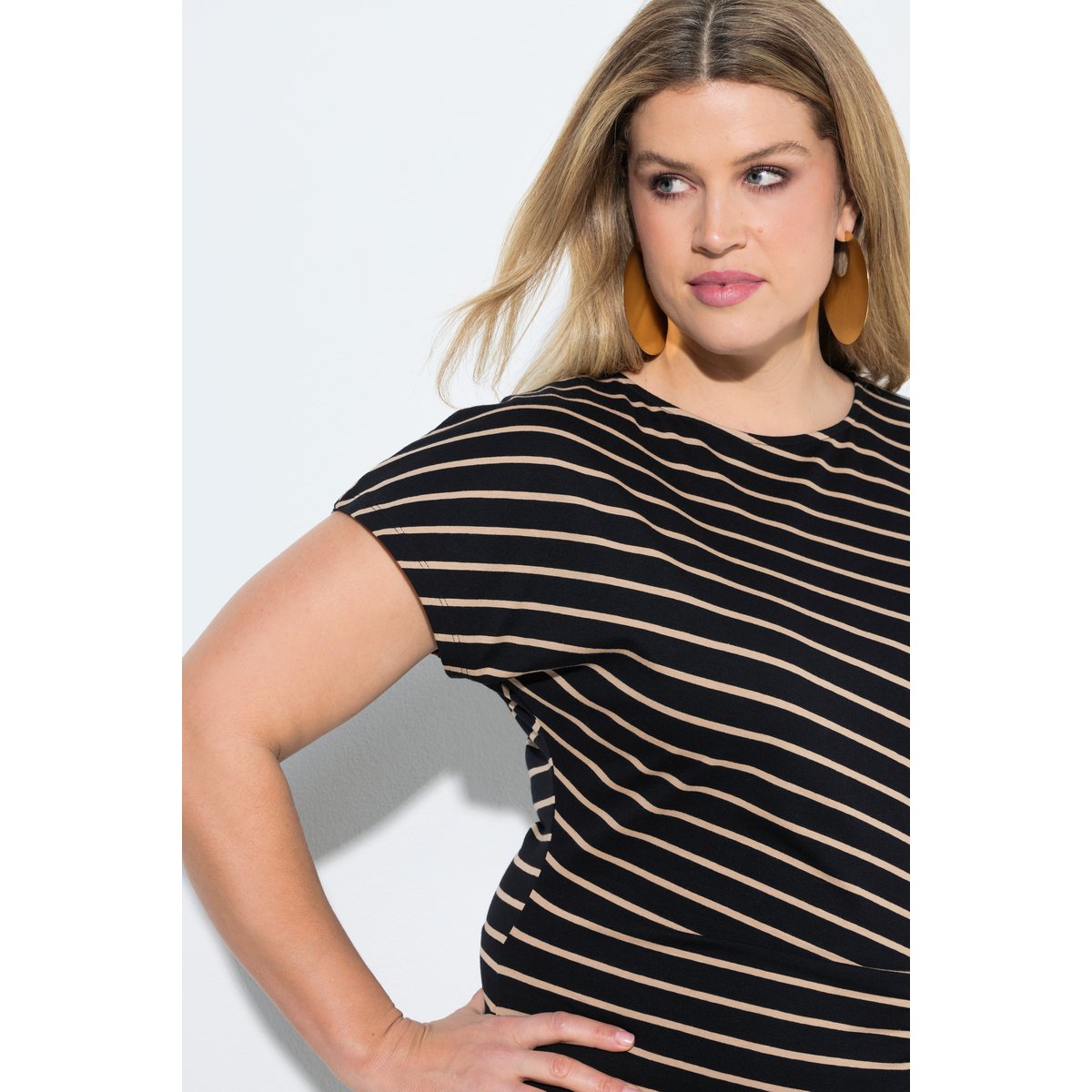 Robe longue, rayures, coupe slim, col rond noir, ULLA POPKEN