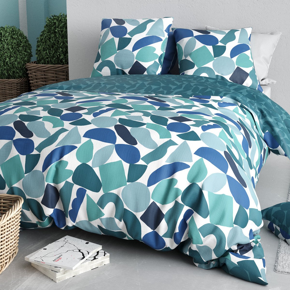 Parure housse de couette en coton imprimée, Nano bleu, C DESIGN HOME TEXTILE