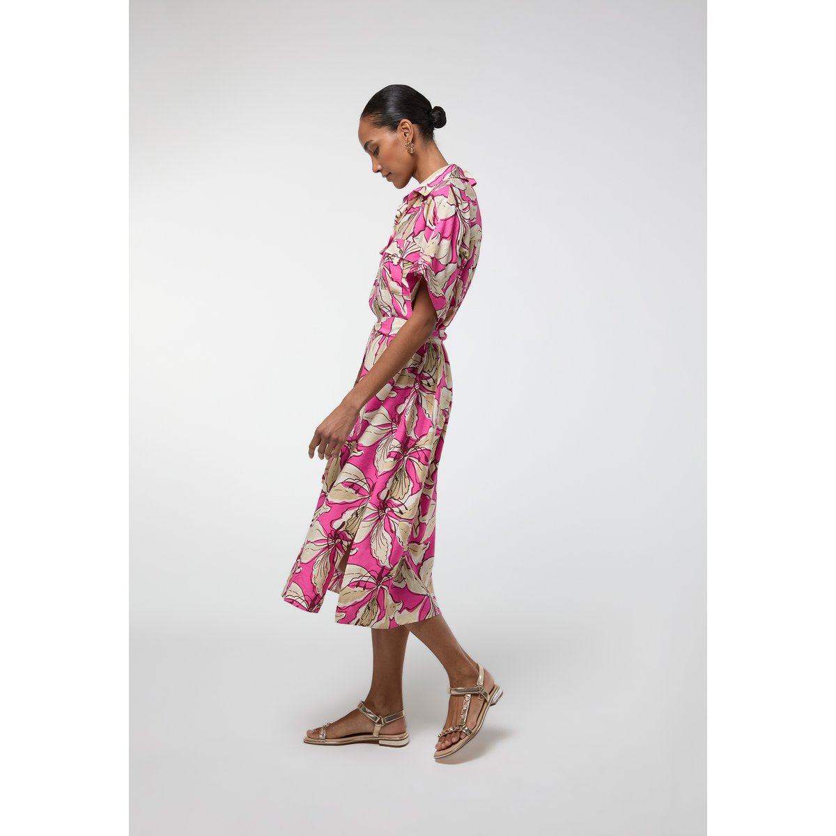 Robe imprimé floral boutonnée à ceinture rose, LOLA CASADEMUNT