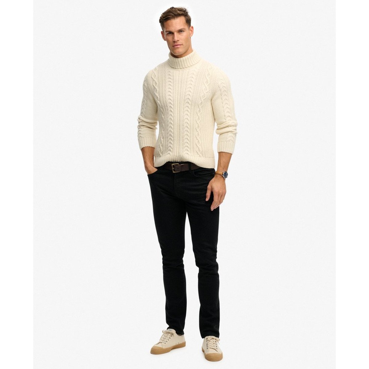 Pull torsadé à col roulé Jacob blanc hivernal, SUPERDRY