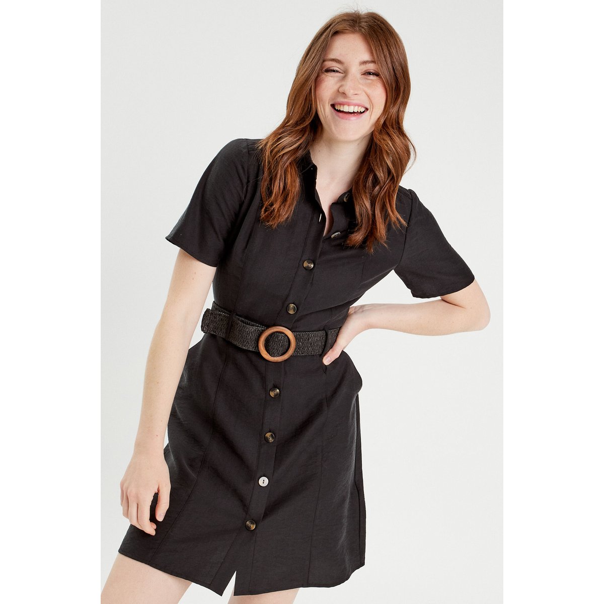 Robe trapèze ceinturée noir, CACHE CACHE