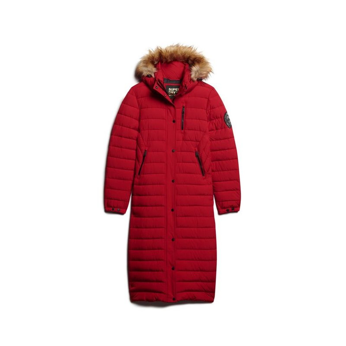 Doudoune longue à capuche Fuji rouge universitaire, SUPERDRY