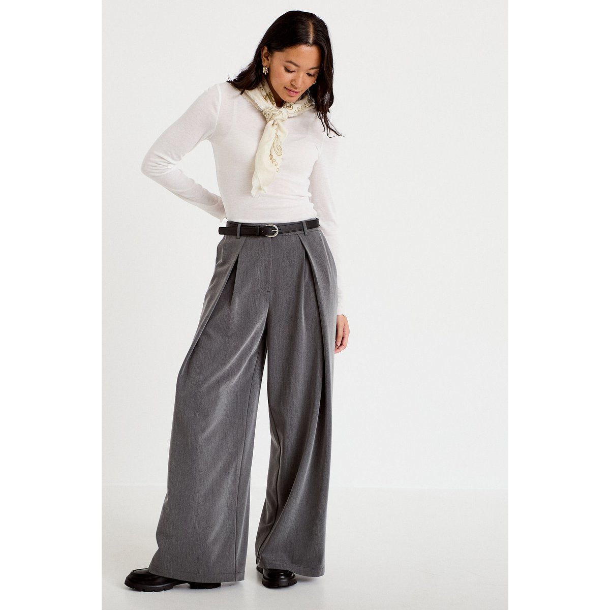 Pantalon large avec ceinture amovible gris clair, CACHE CACHE