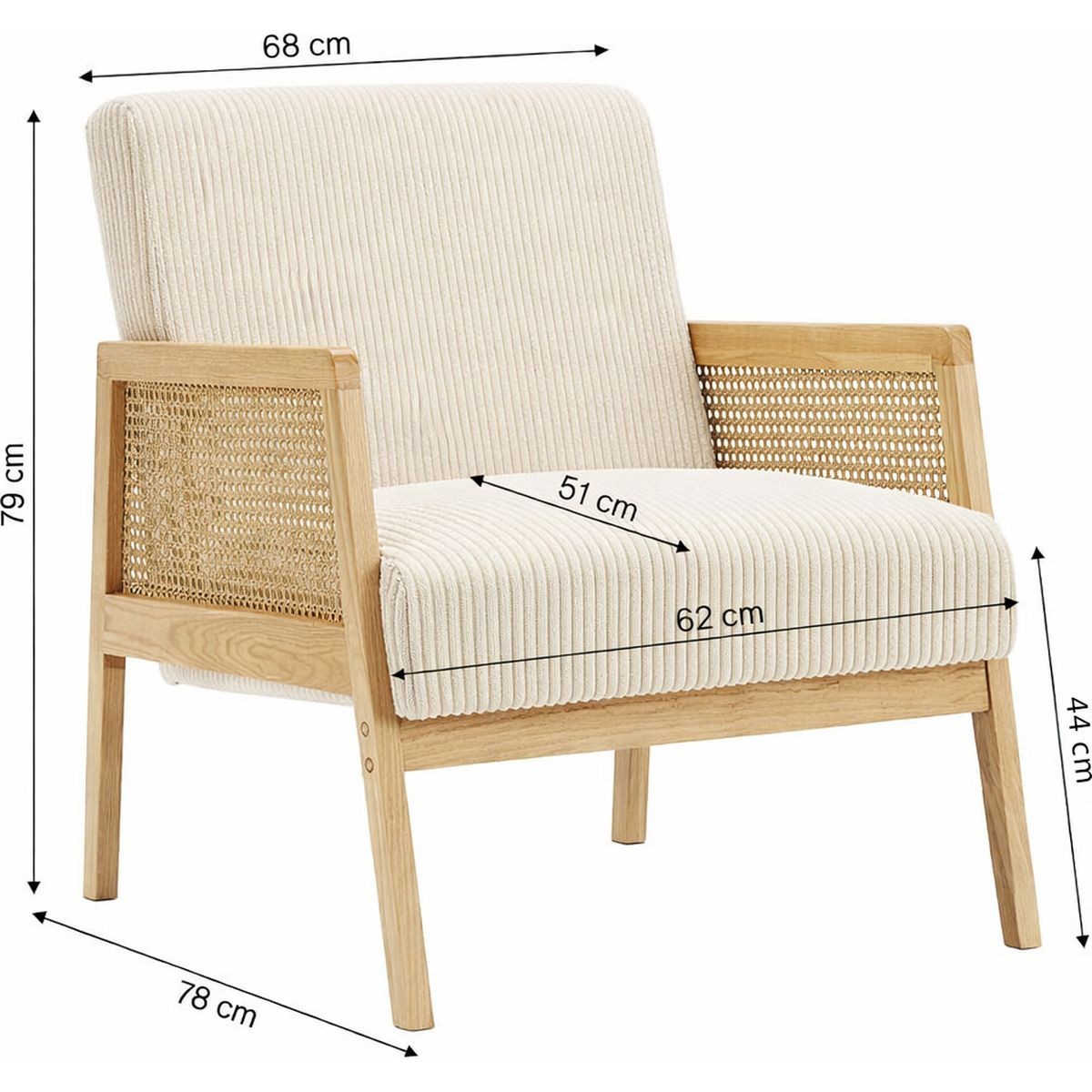 Fauteuil en cannage et velours côtelé - MANI beige, HOMIFAB