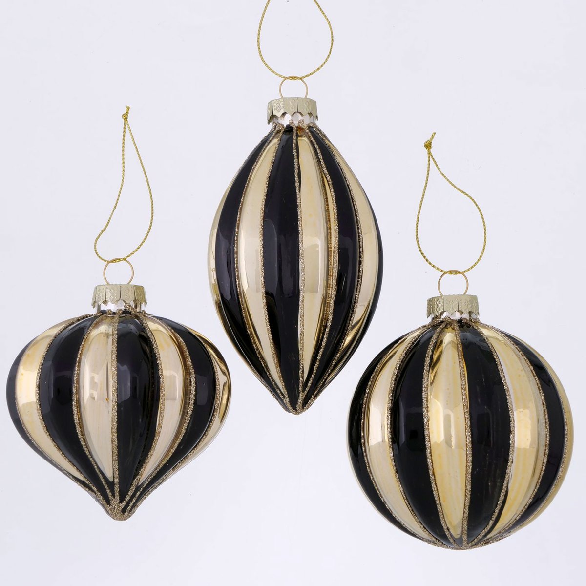 Set de 3 boules de Noël rayées noires et dorées peintes à la main 8x8x12.5cm noir, WADIGA