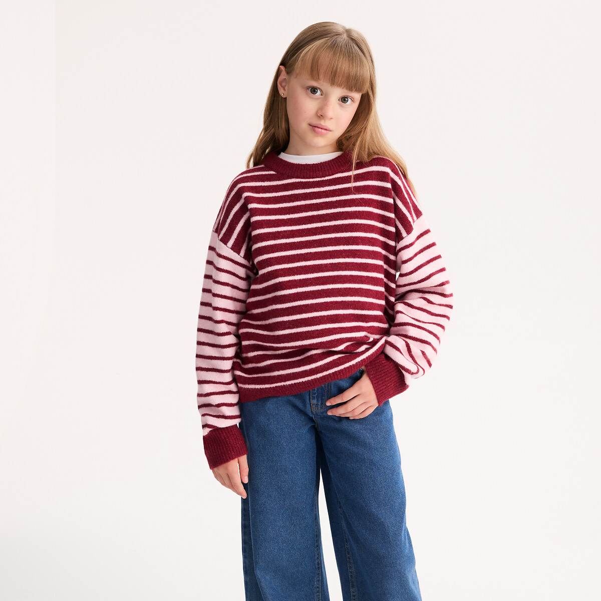 Striped Fine Knit Crew Neck Jumper burgundy/pink, LA REDOUTE COLLECTIONS