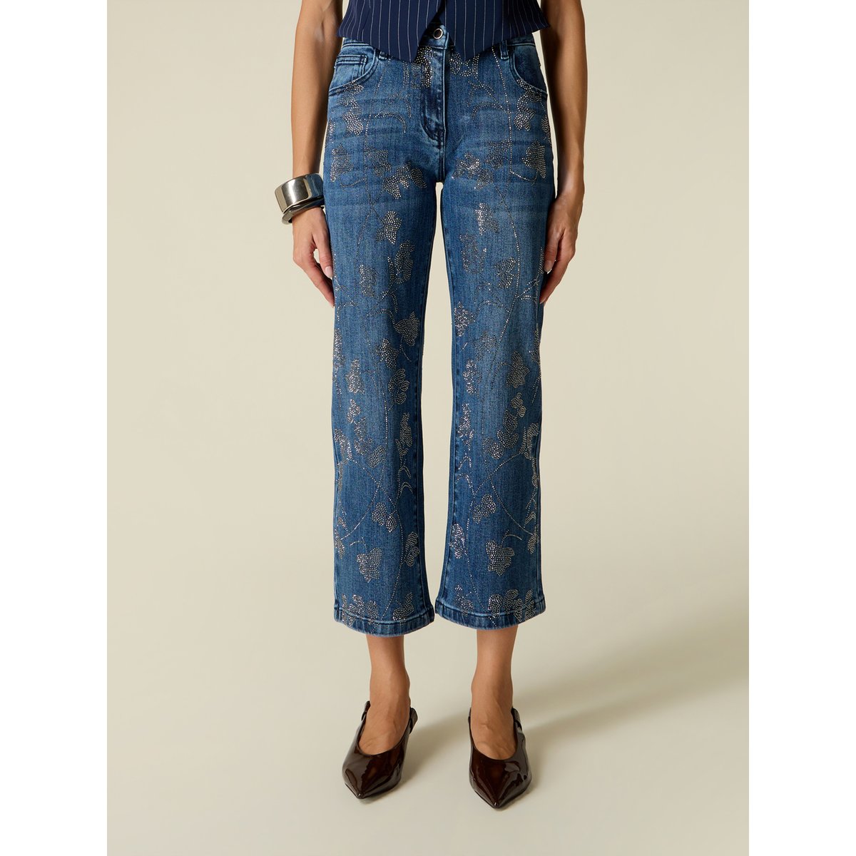 Jean cropped avec application de cristaux bleu, OLTRE
