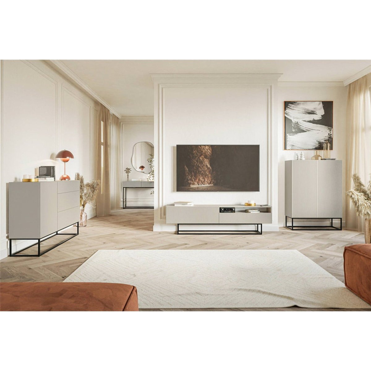 Meuble tv rainuré VELDIO avec niche noir, RECOLLECTION