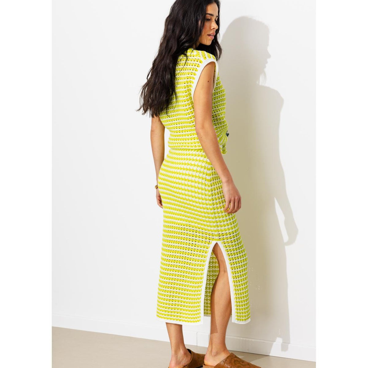 Jupe midi en crochet rayé jaune, PROMOD