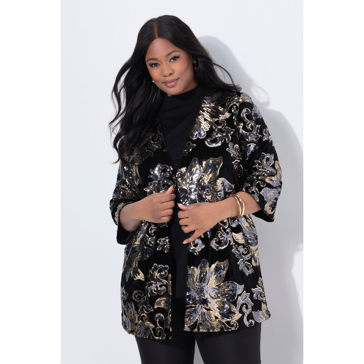 Veste évasée en velours, encolure en V noir, ULLA POPKEN