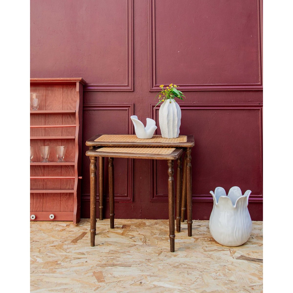 tables gigognes en cannage Barbara N°63 - Bon état bois, DEBONGOUT