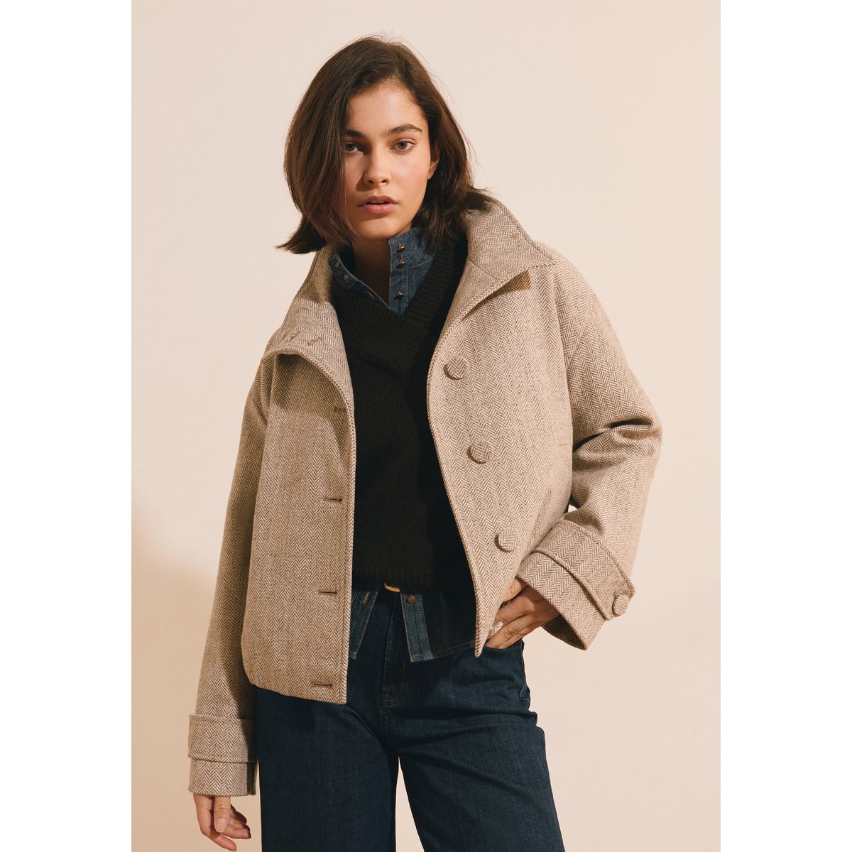 Manteau court avec laine à col montant MAHE CHX beige, ETAM
