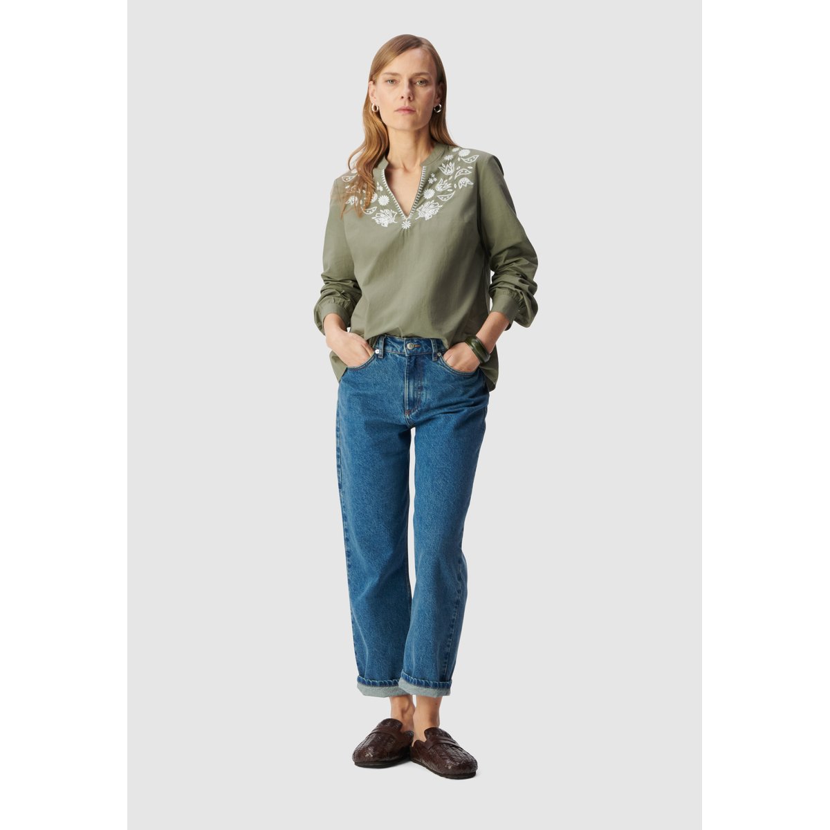 Blouse coton bio broderies plastron kaki, IKKS
