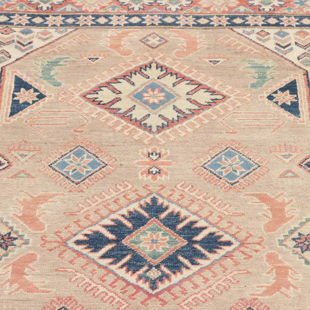 Tapis d'orient géométrique, noué main en laine, KAZAK CO 52 beige, bleu, rose, UN AMOUR DE TAPIS