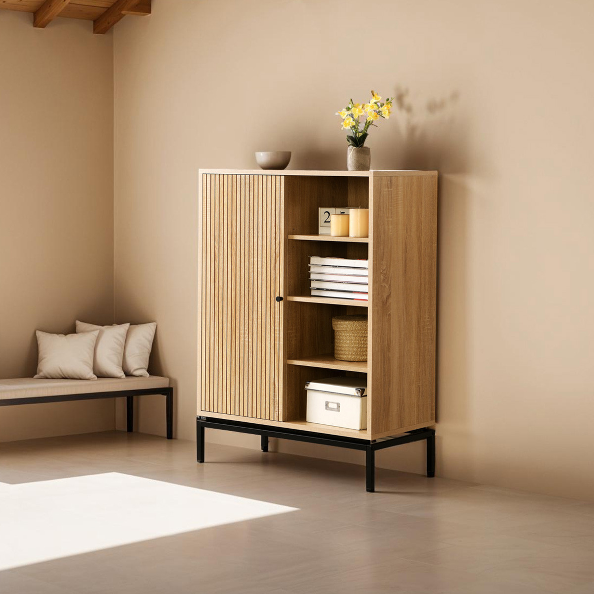 Bibliothèque 1 porte 4 niches - TALIA effet bois, HOMIFAB