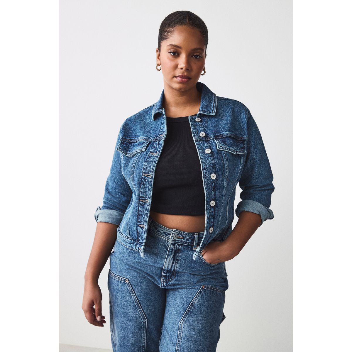 Veste cintrée en denim à buste plus large bleu foncé, NEXT