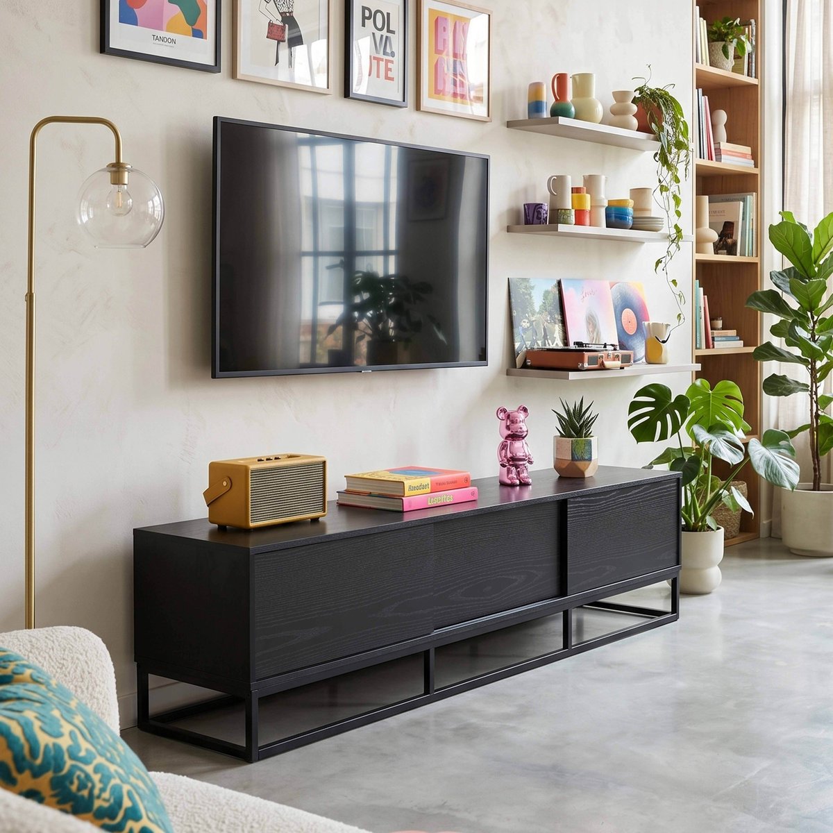 Meuble TV en mélaminé 180 cm, JASPER noir, OVIALA