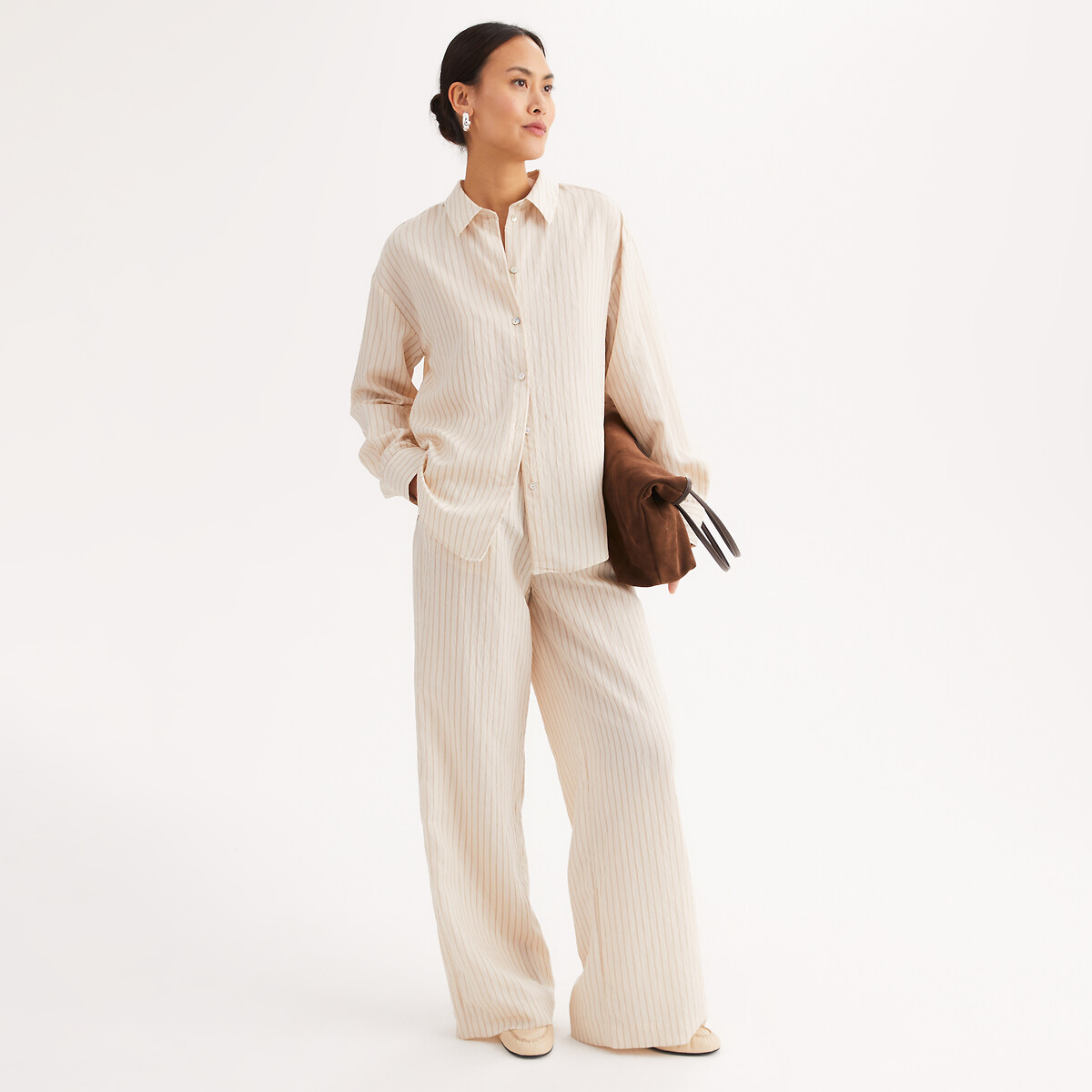 Striped Seersucker Loose Fit Wide Leg Trousers brown stripes, ANNE WEYBURN