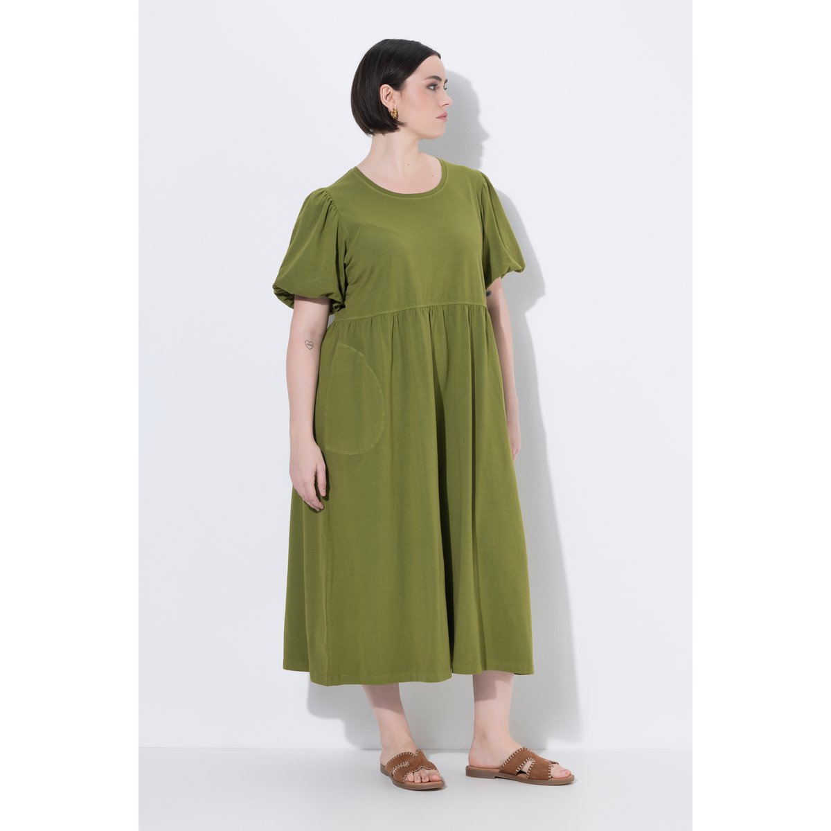 Robe longue, coupe A, col rond olive, ULLA POPKEN