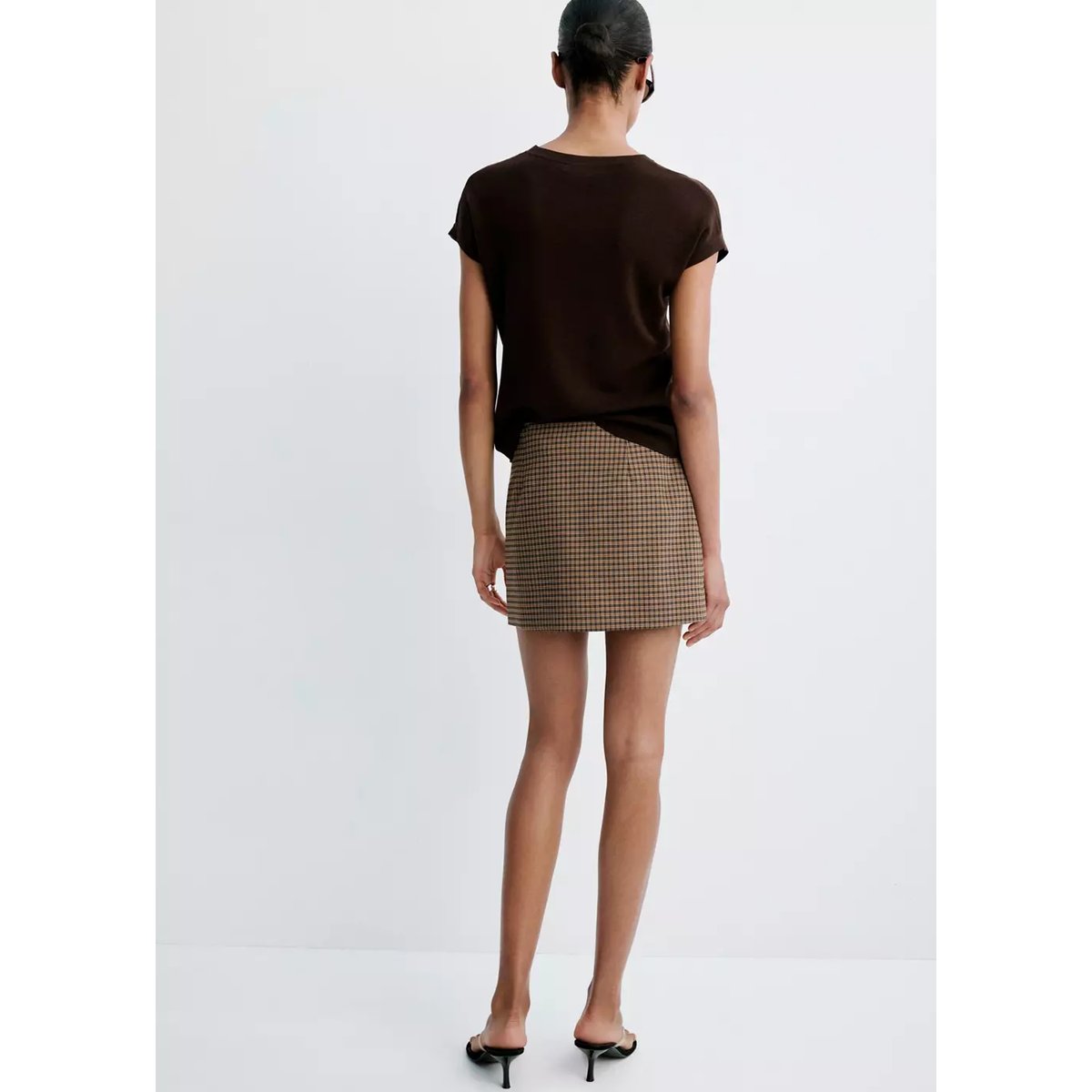 Jupe courte carreaux marron, MANGO