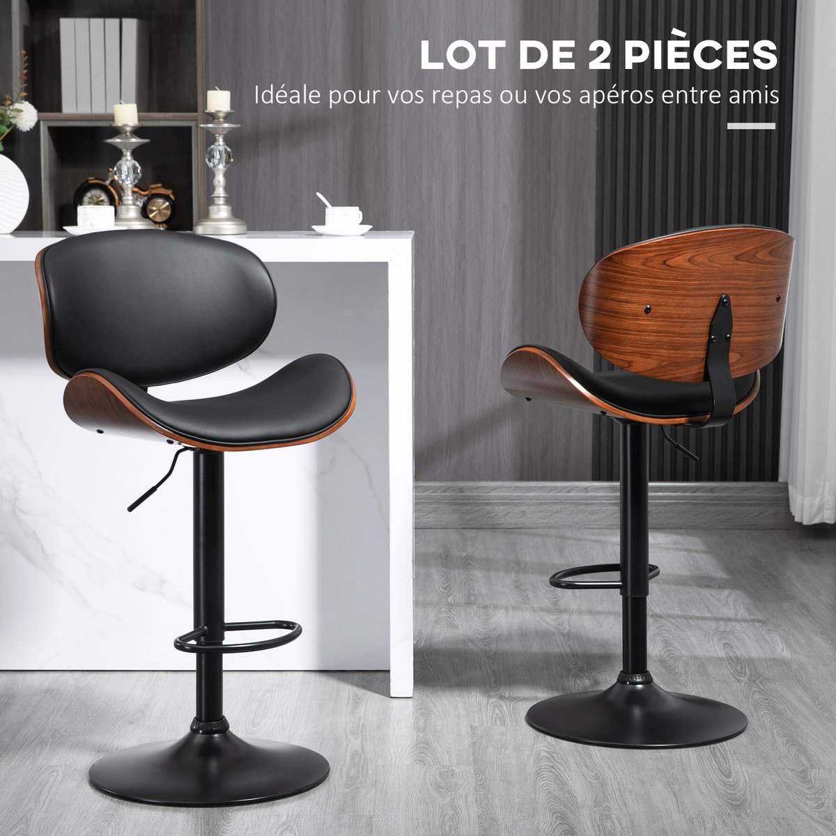 Tabouret de bar Revêtement synthétique PU noir, bois foncé, HOMCOM