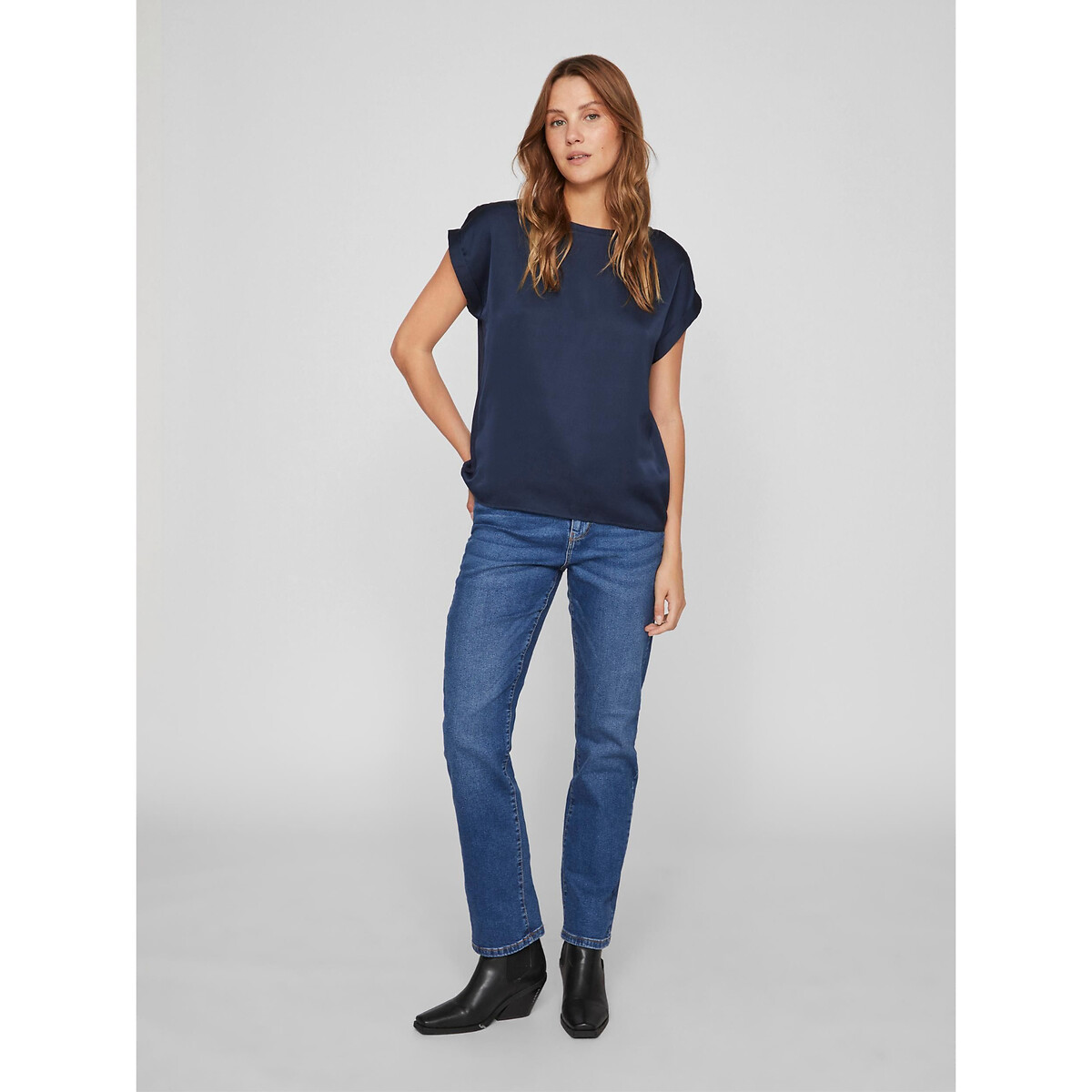 Satin Crew Neck T-Shirt navy, VILA