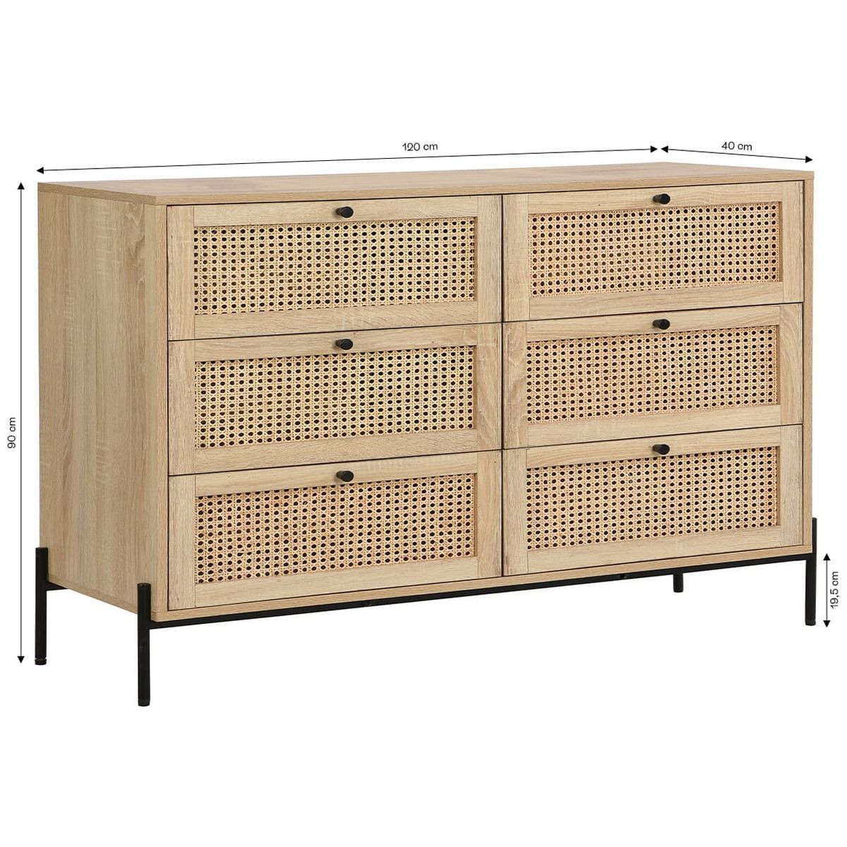 Commode 6 tiroirs en cannage et effet chêne - IRIS naturel, HOMIFAB