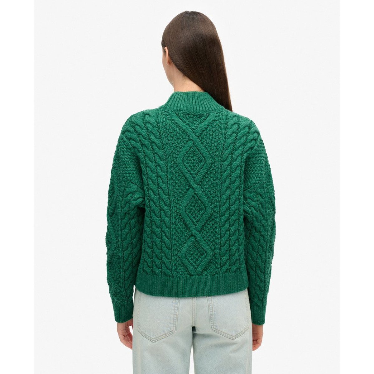 Pull polo en maille torsadée Aran vert pinède, SUPERDRY