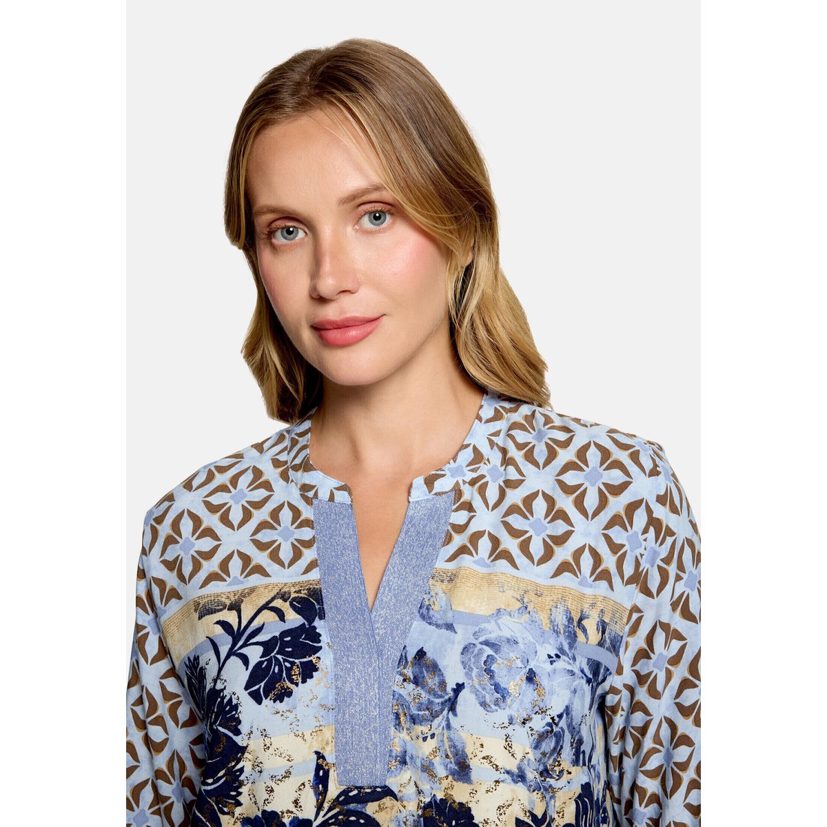 Chemisier long à col droit bleu/beige, BETTY BARCLAY