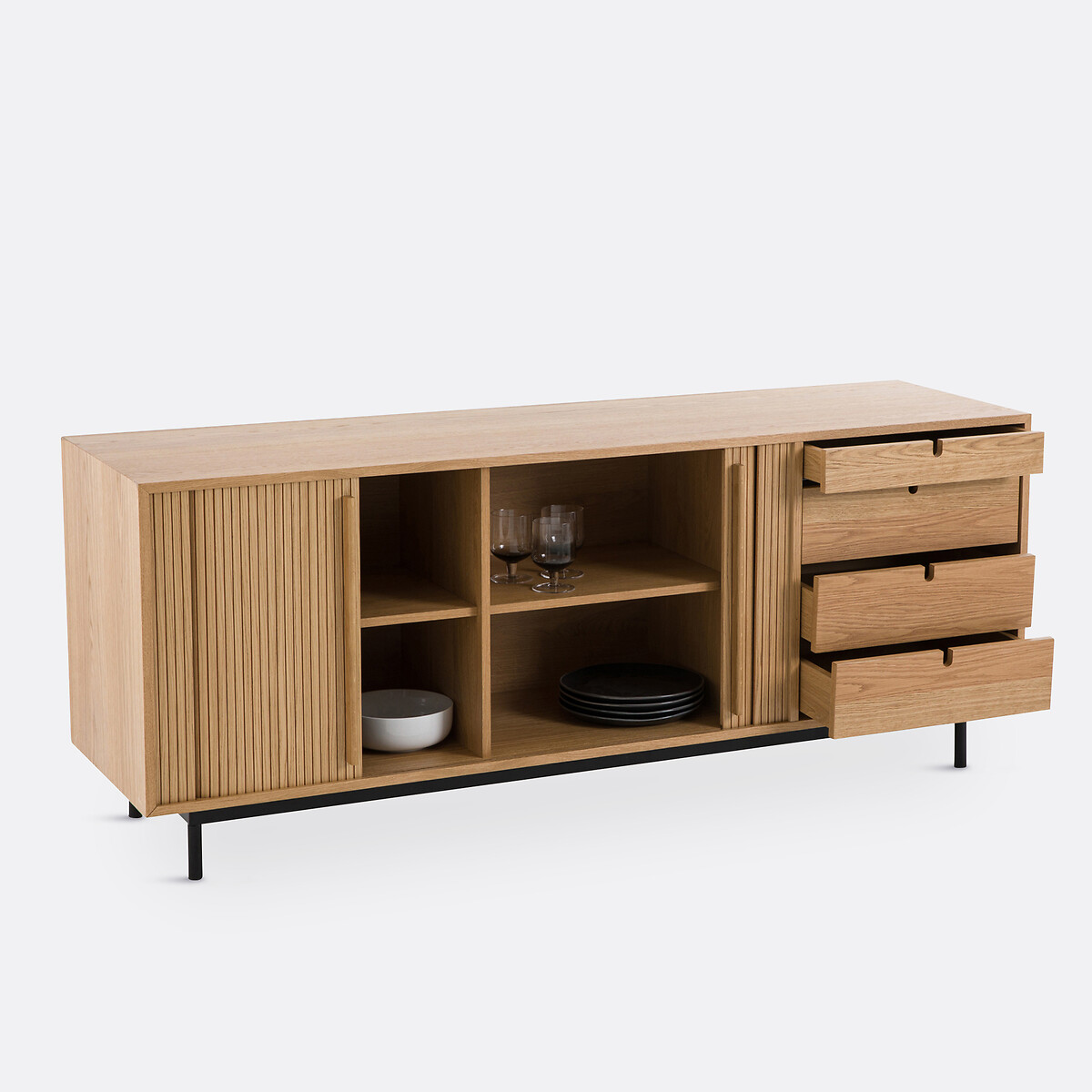 Buffet plaqué chêne à portes coulissantes, Strio chêne, LA REDOUTE INTERIEURS