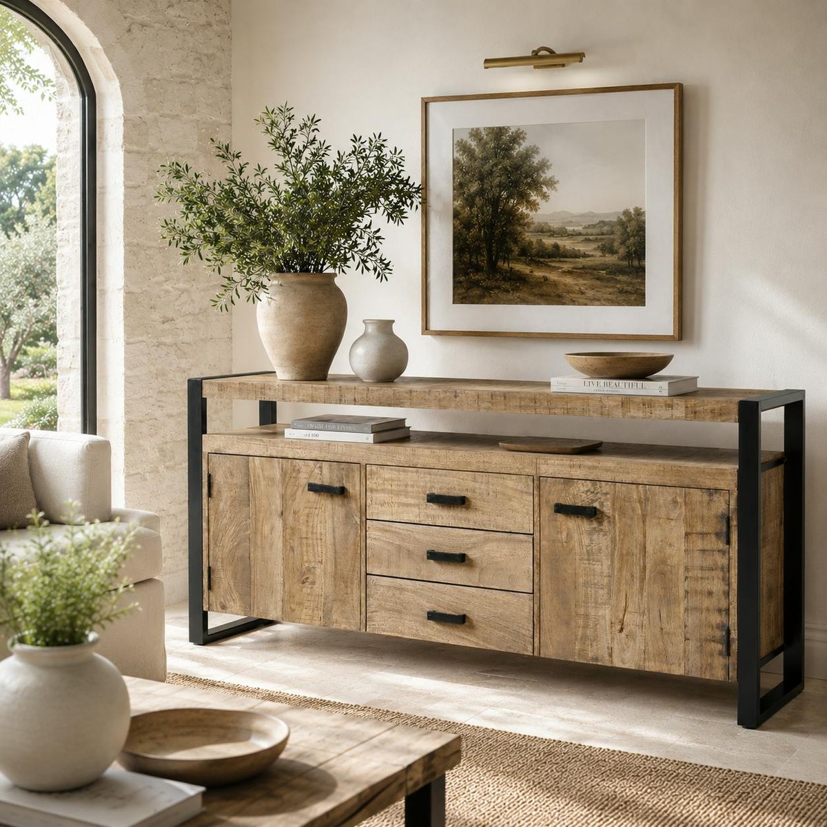 Buffet de salon bois métal à double plateau KARGO bois naturel, PIER IMPORT