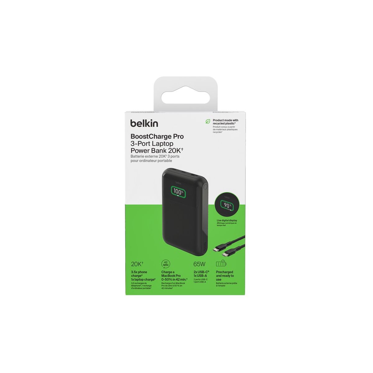 Batterie externe 20000 mAh 65W pour ordinateur portable couleur unique, BELKIN