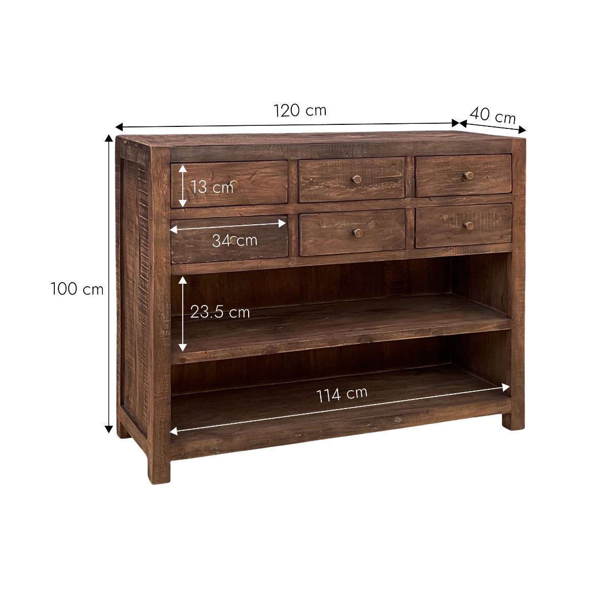 Buffet 6 tiroirs en bois recyclé INDRA bois foncé, MADE IN MEUBLES