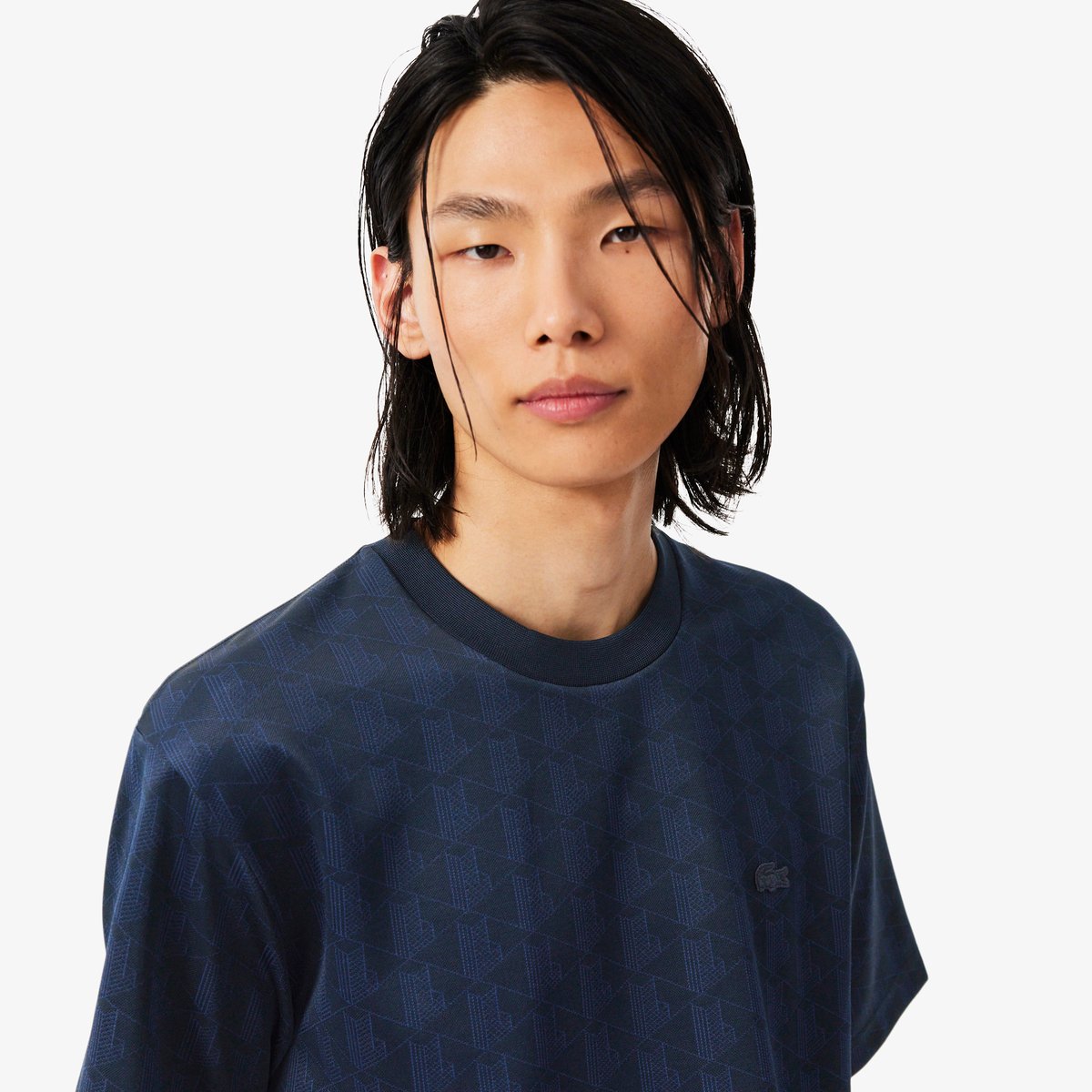 T-shirt jacquard monogramme bleu-166, LACOSTE