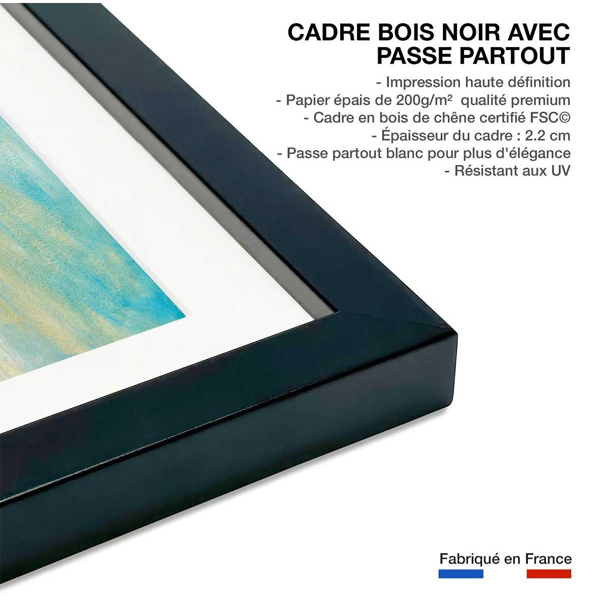 Affiche Soleil sur l'azur affiche + cadre en bois - noir, HEXOA