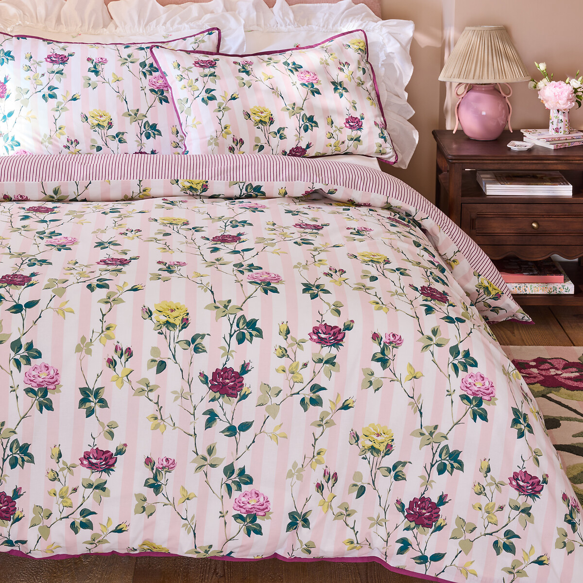 Climbing Rose Stripe Reversible Cotton Duvet Cover and Pillowcase Set pink, CATH KIDSTON