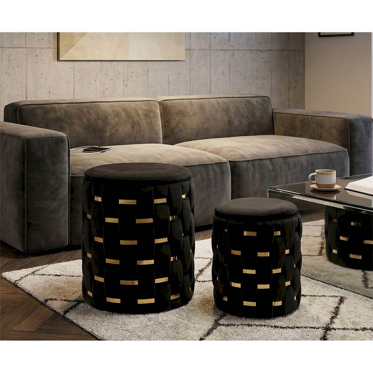Lot de 2 poufs ronds tressés avec rangement GLAM noir et doré, RECOLLECTION