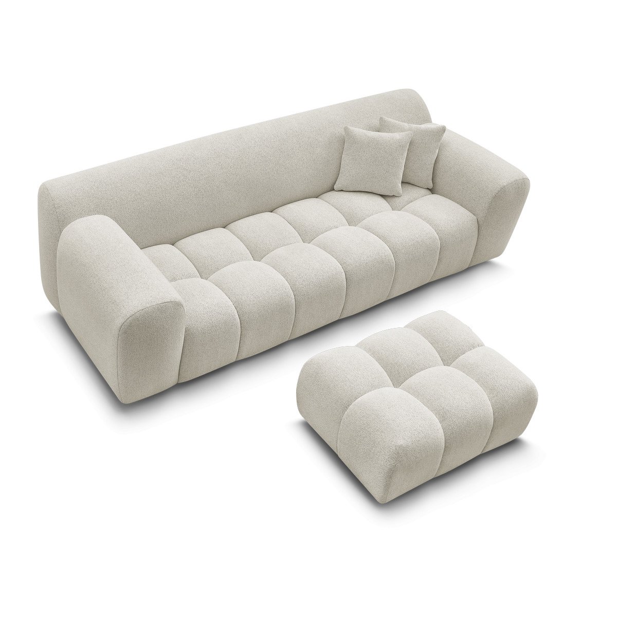 Canapé droit fixe 3 places en tissu chiné avec pouf, MELISSE blanc, BOBOCHIC