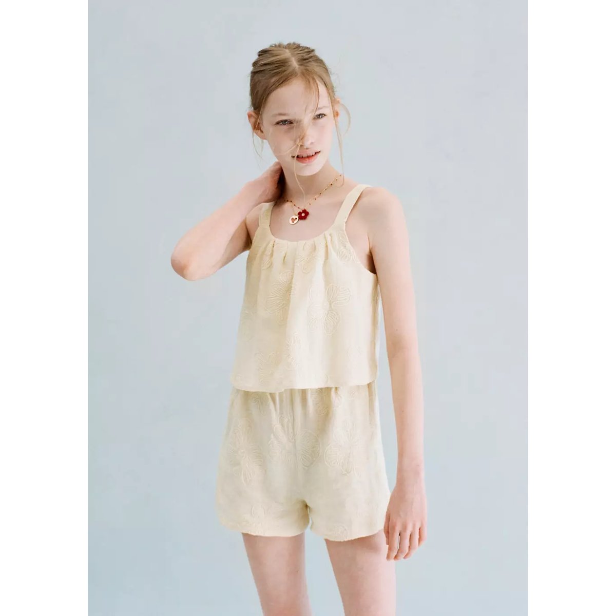 Combinaison à bretelles avec broderie florale écru, MANGO KIDS