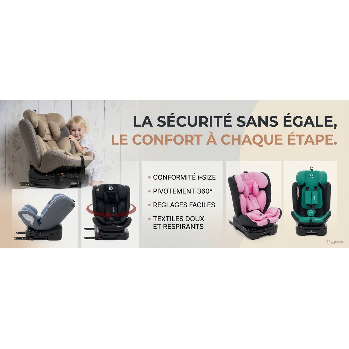 Bebelissimo - Siège auto Isofix - pivontant 360 ° - 40-150 cm - 0-36kg i- COMO vert couleur unique, BEBELISSIMO J'AIME