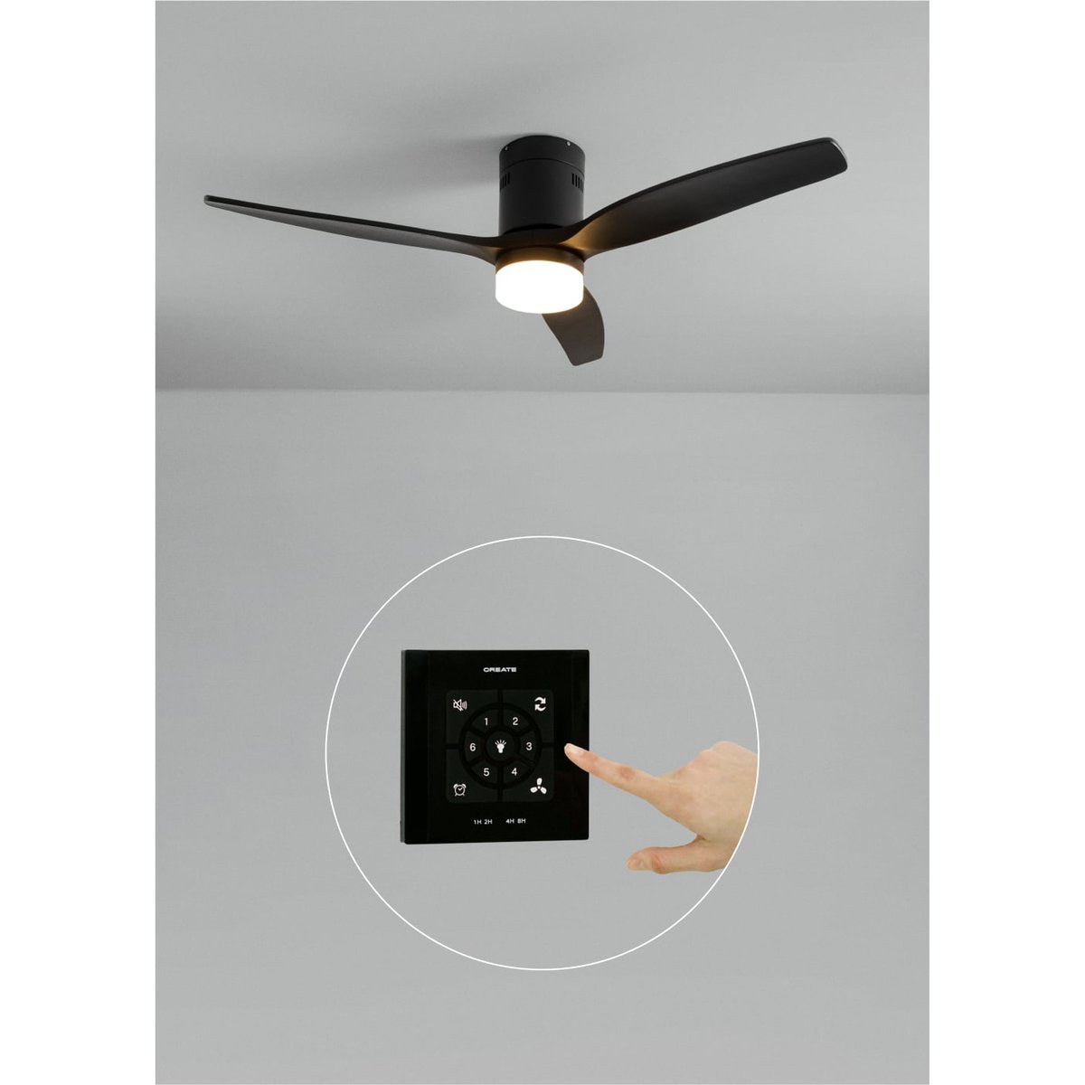Ventilateur de plafond 40W avec lumière et contrôleur mural WIND CALM NATURAL WOOD noir/noir, CREATE