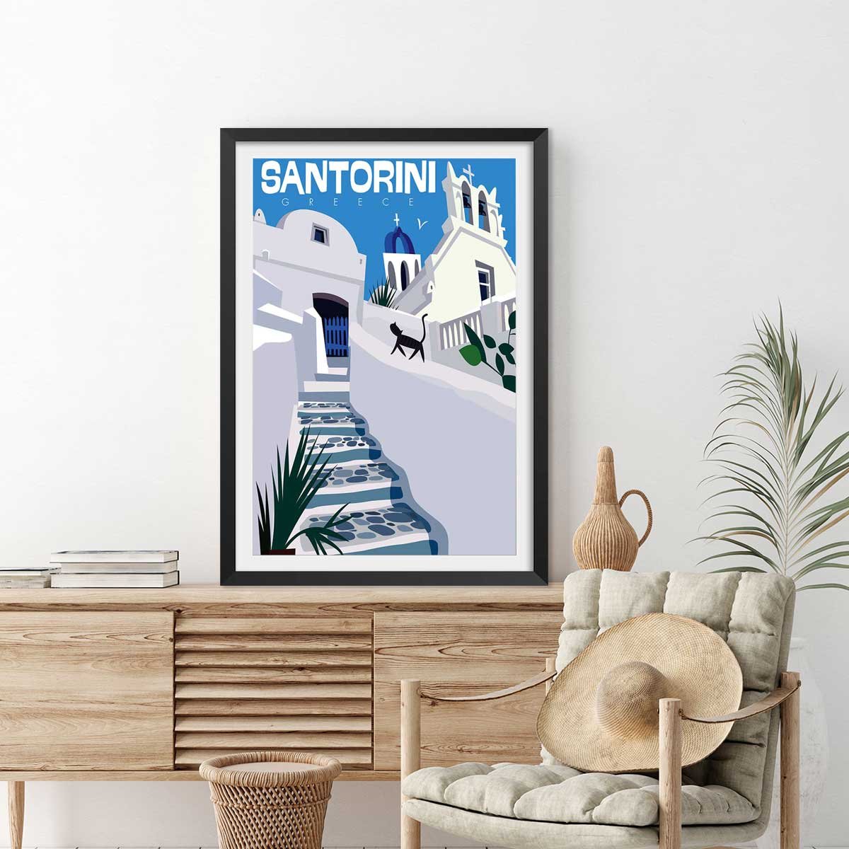 Poster de santorini blanc bleu affiche + cadre en bois - noir, HEXOA