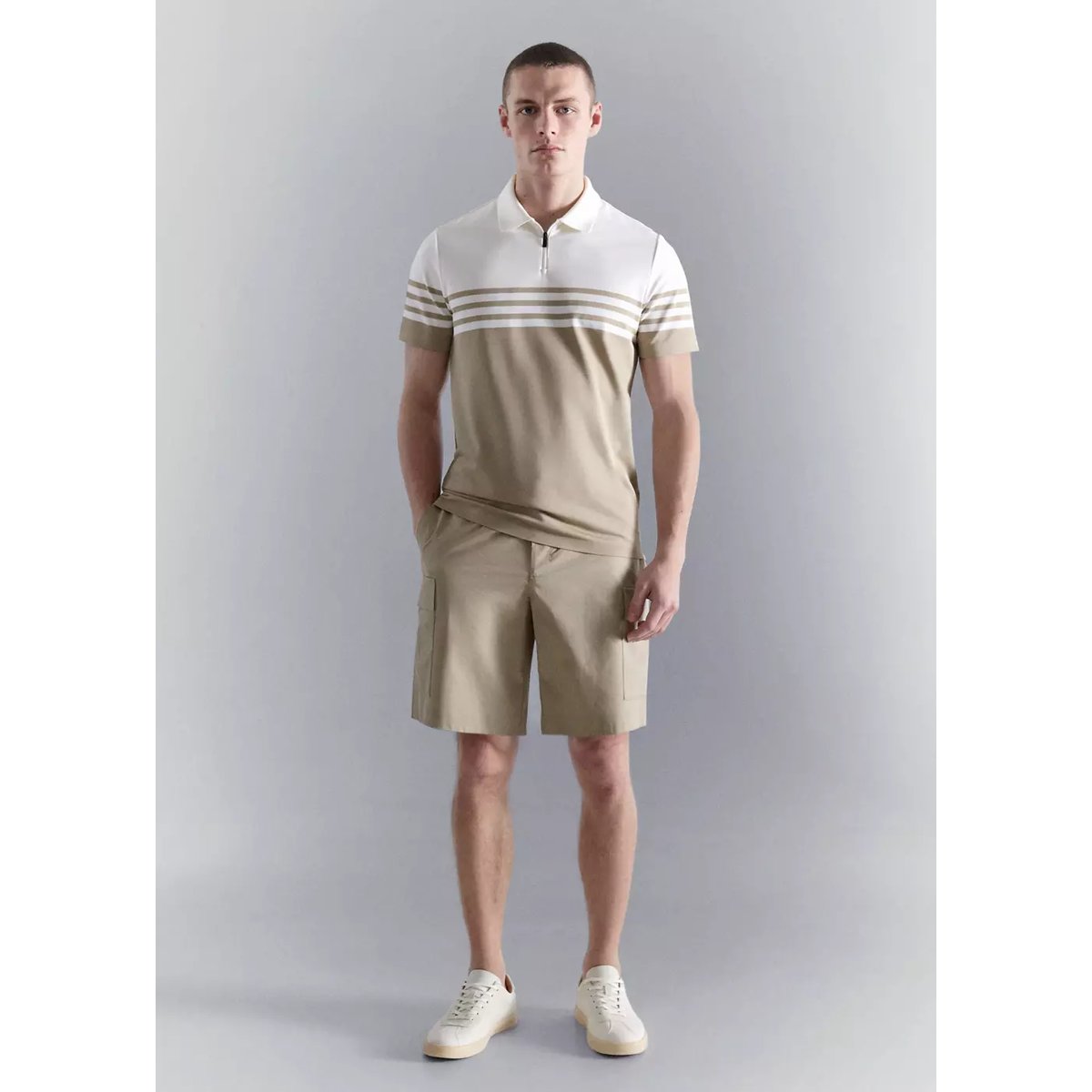 Polo bicolore col zippé beige, MANGO MAN