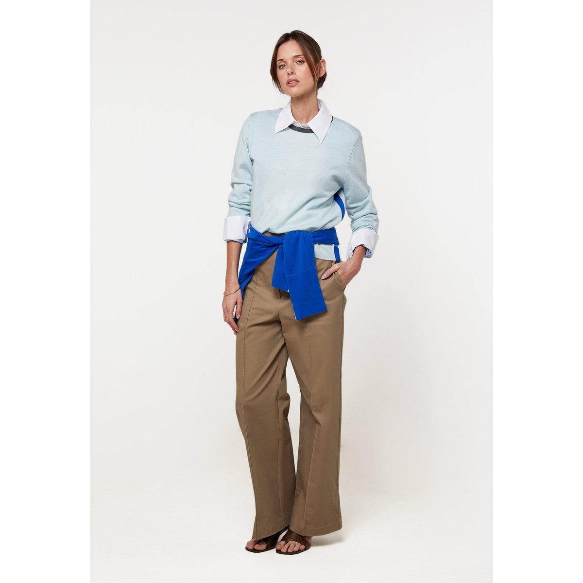 Pull col rond tricolore en laine mérinos turquoise clair, RODIER